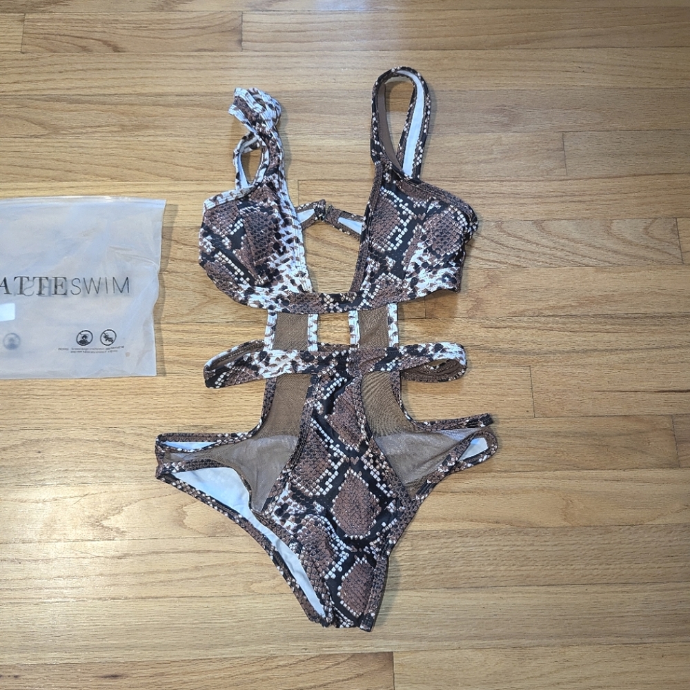 Brown Mesh Snakeskin Swimsuit One Piece Matte Swim Collection SMALL